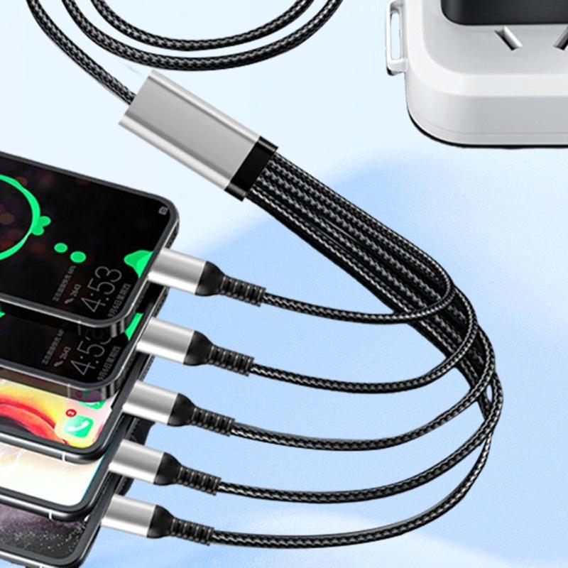 Right Angle USB A Male to 5 Type-C Male Cord 150cm Multi Charging Data Cable 66W USB Fast Charging Cord for Phone