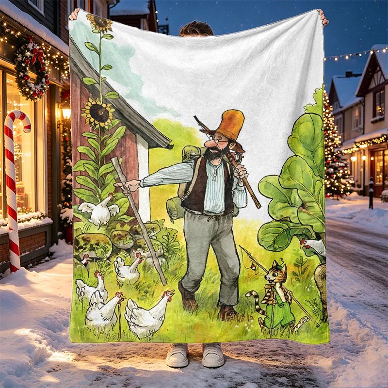 Pettersson und Findus Pattern Blanket for Home Decoration, Bed, Sofa, Car Travel, Camping, Suitable for All Seasons, Birthday Christmas Gift