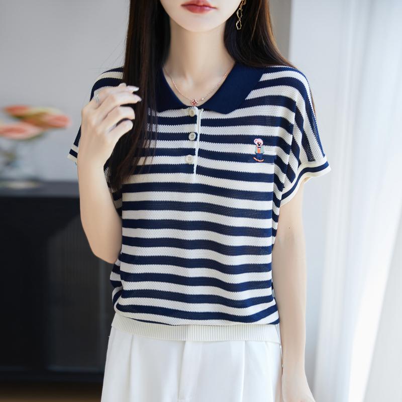 Women Knit T-shirt 100% Wool MODERN NEW SAGA Summer Knitted Shirt Short Sleeve Tees Turn-down Collar Patchwork Pullover Knit Tops