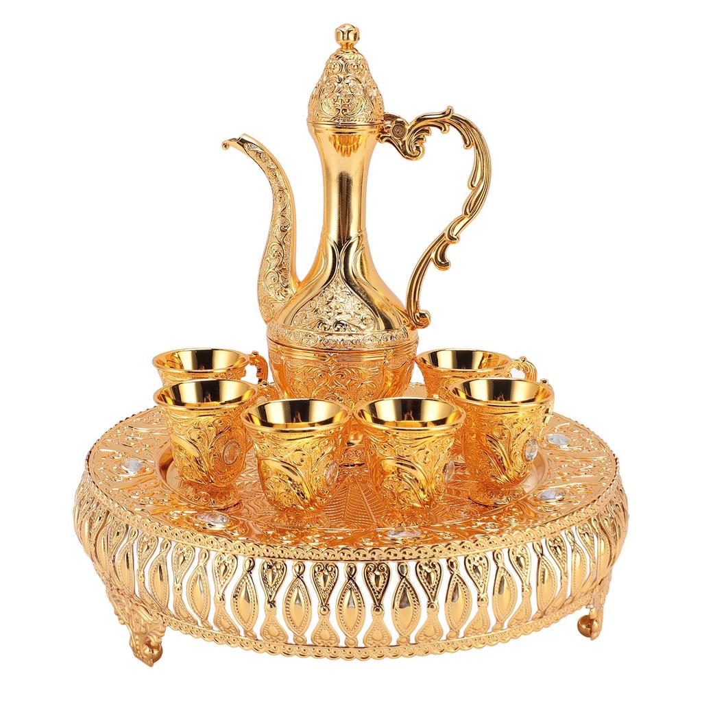 Vintage Wine Pot Set European Retro Coffee Pot Tray Kit Decorative Zinc Alloy Exquisite Carving Wine Cups for Home Party Dinner