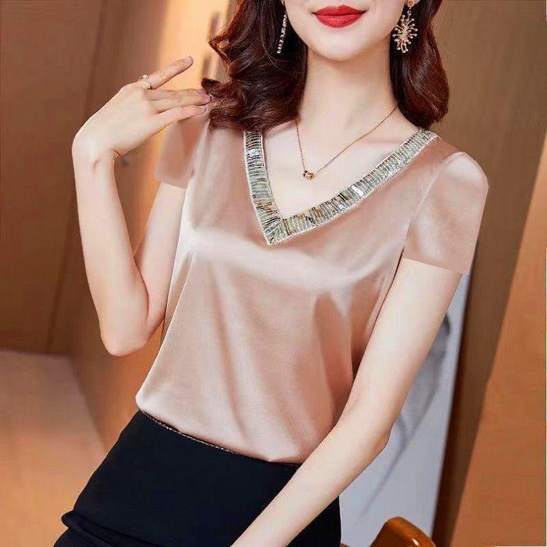 Women's Summer V-neck Short Sleeve Loose T Shirt Elegant Beautiful Temperament Top