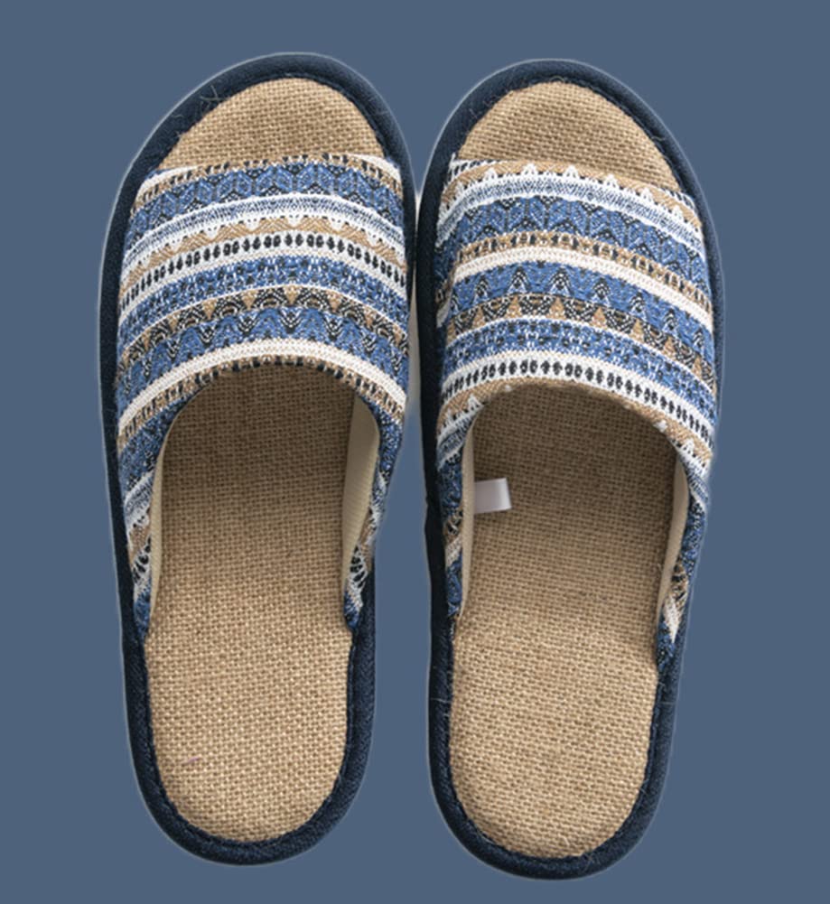 Ethnic Print Cotton Linen Front Indoor Shoes for Men and Women [Euyqs] Slippers, Opening, Summer, Natural, Anti-Slip, Quiet, (25.5-26.5 Cm, Navy,