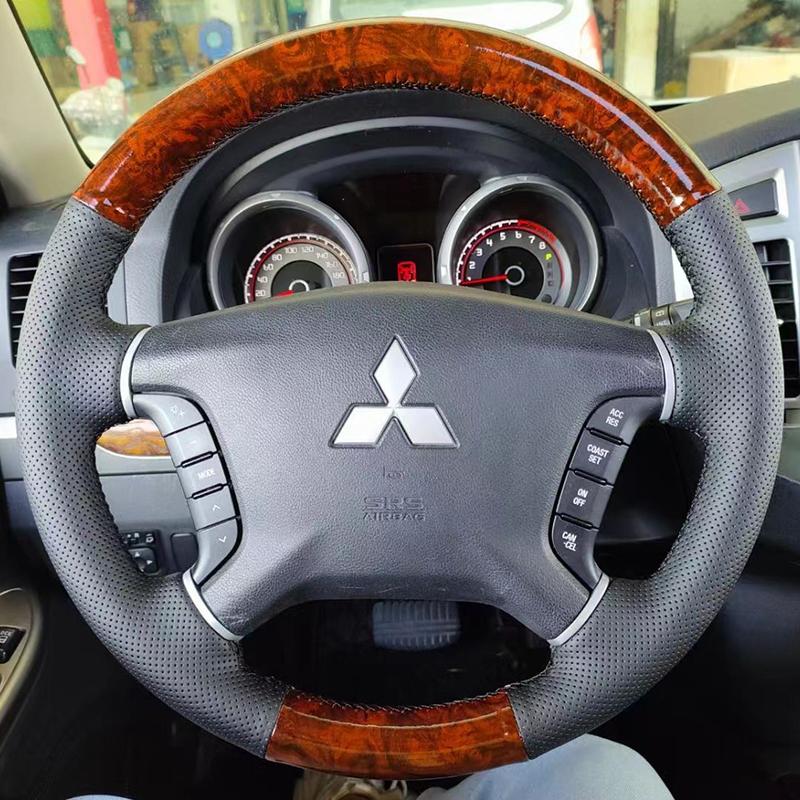 Für Mitsubishi Pajero 2007-2014 Galant 2008-2012 Handgenähtes Schwarzes Leder Pfirsichholzmaserung Auto Lenkradabdeckung