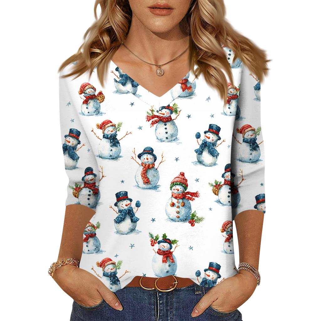 Women's Tops Three-quarter Sleeve Shirt V-neck Loose Casual Shirt Print T-shirt