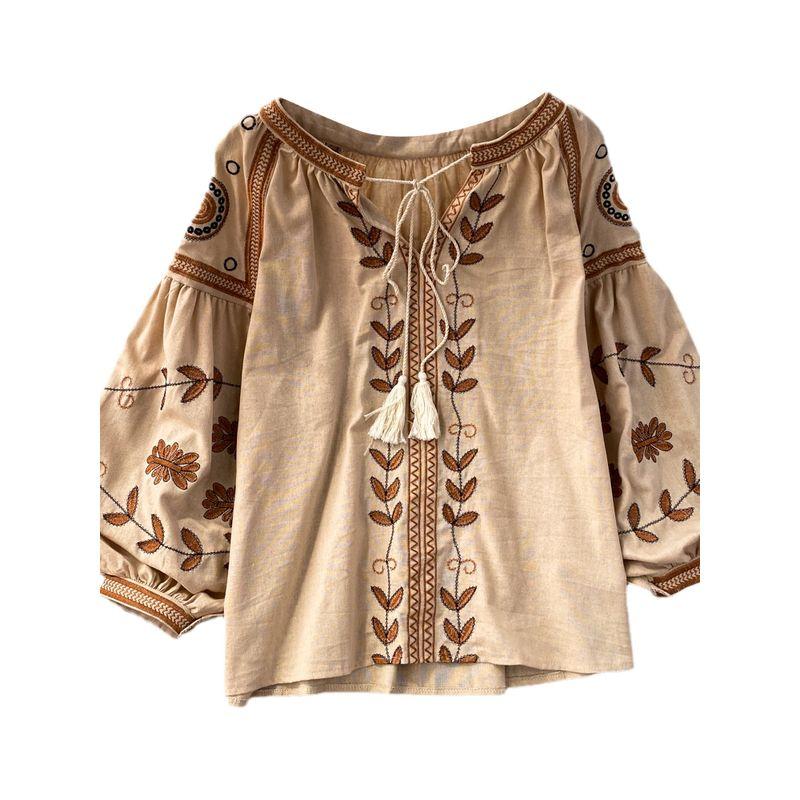 Ethnic Style Long Sleeve Loose Cotton and Linen Pullover Casual Embroider