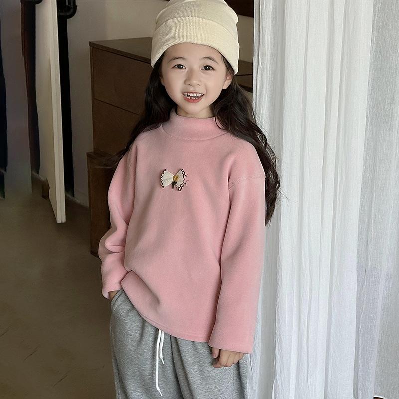 Kinder Hoodie mit halbem Stehkragen aus Korallenfleece - Herbst/Winter 2024 Mädchen Plus Samt Basis-Shirt