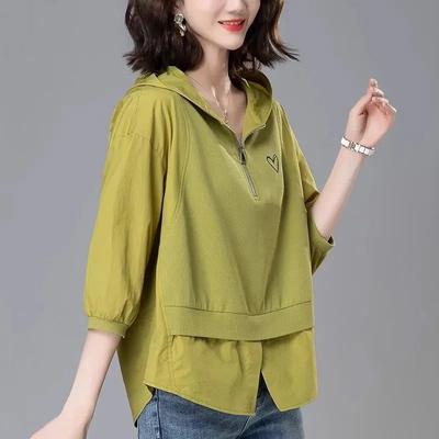 Shirt for Women Summer Large Size Cotton Hooded T-shirt Soft Loose Printed Casual Comfortable Pullover T-shirt Top