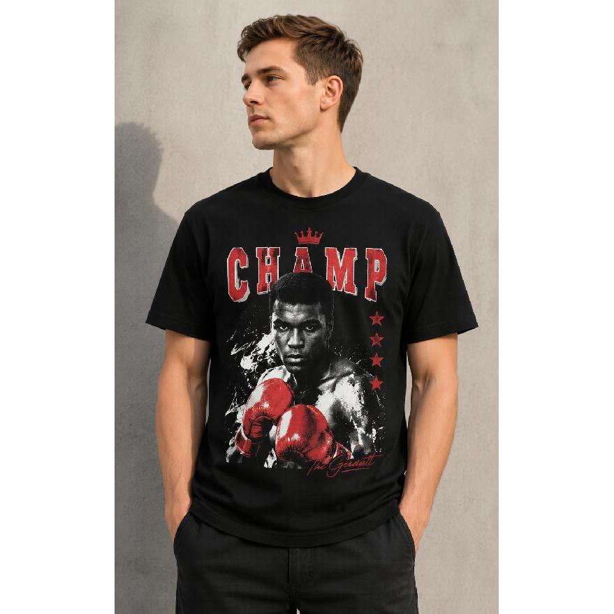 Men s Vintage Boxing Graphic Tee, Short Sleeve Crew Neck Soft Cotton Blend T-Shirt with Retro Champion Print for Casual Daily Wear S чёрный