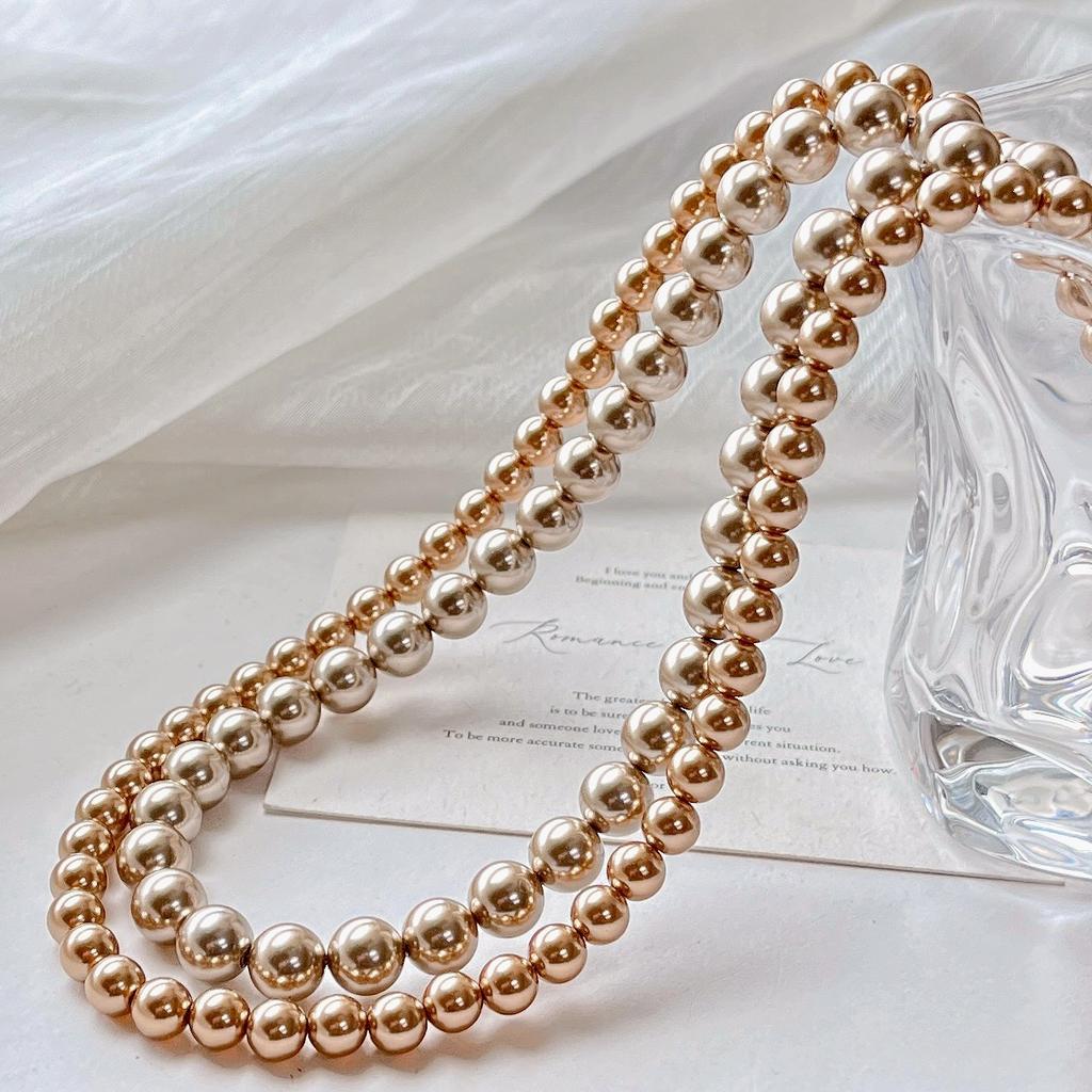 Maillard Wind Gold Camocha Color Shijia Pearl Double Layer Design Sweater Chain Necklace Clavicle Chain
