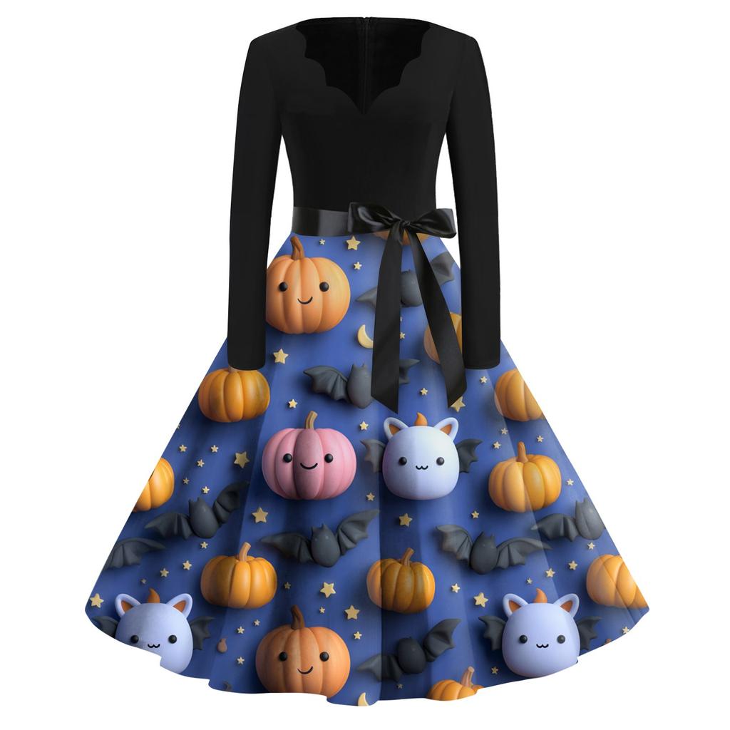 Women's Casual Fashion Halloween Printed V-Neck Vintage Dress