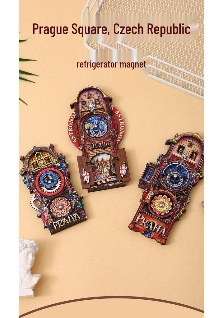 Prague Astronomical Clock 3D Wooden Magnet with Rotating Gears - Czech Travel Souvenir