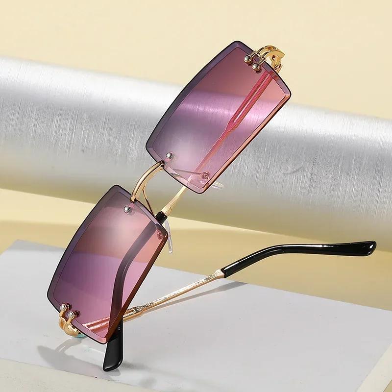 Fashion Rimless Rectangle Sunglasses Women Men Alloy Trendy Brand Small Square Sun Glasses Gradient Black Lens Shades UV400
