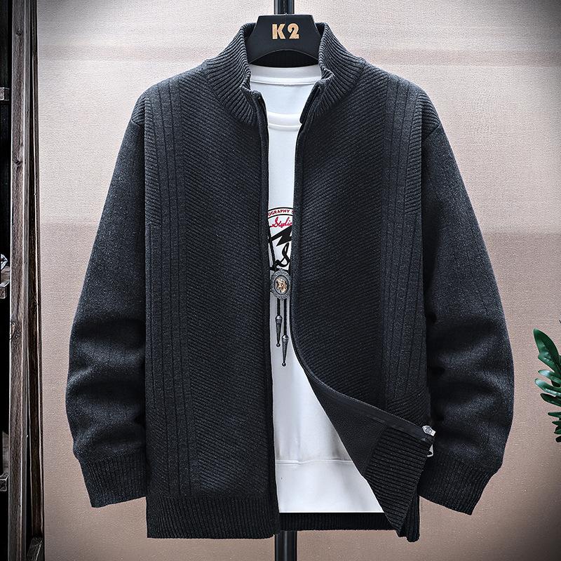 Mens Winter Sweater Thick Fleece Warm Cardigan Sweaters Casual Stand Collar Full Zip Cardigans Zip Pockets Solid Outwear