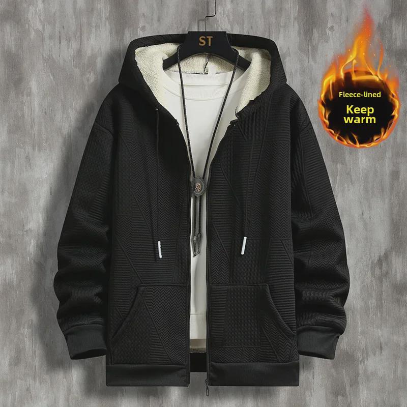 

Толстовка с капюшоном из бархата и жаккарда Silver Fox на молнии: Теплый, плотный однотонный цвет для осени/зимы 4XL