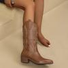 Large-size Embroidered V-mouth Knight Boots Square Heel Pointed Toe Mid-Calf Women's Boots Black White Brown Fashion Women Shoes