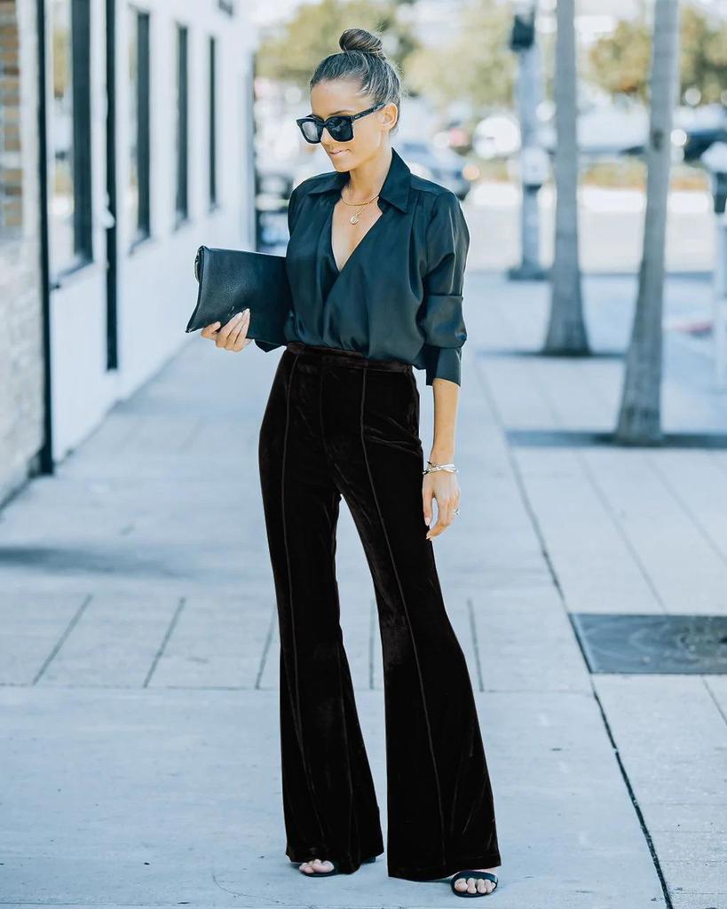 2025 Autumn/Winter Women's Gold Velvet Patchwork High-Waisted Flare Pants