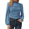 Fall New Women's Solid Color High Neck Pleated Slim Fit Long Lantern Sleeve T-shirt, European & American Style Casual Top for Women