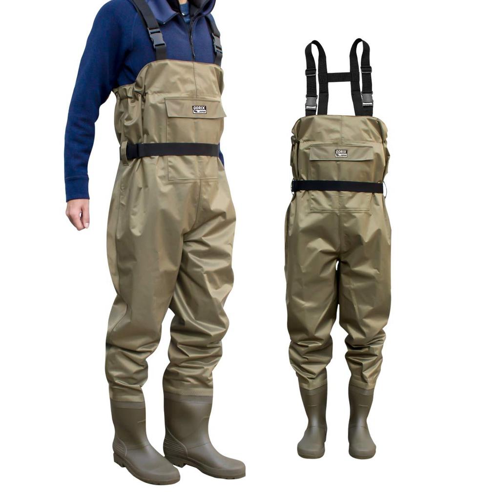 GORIX Chest Waders (GF-WADER) Fishing Suit, Waterproof Pants with Waist Length, Olive (M)