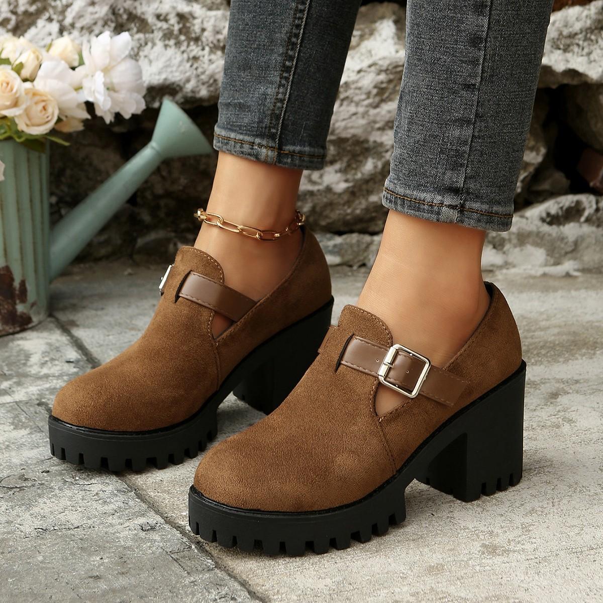 

Retro Fashion Buckle Designed Casual Coarse Heel Loafers for Women New Style Spring Shallow Mouth Comfortable Single Shoes 36