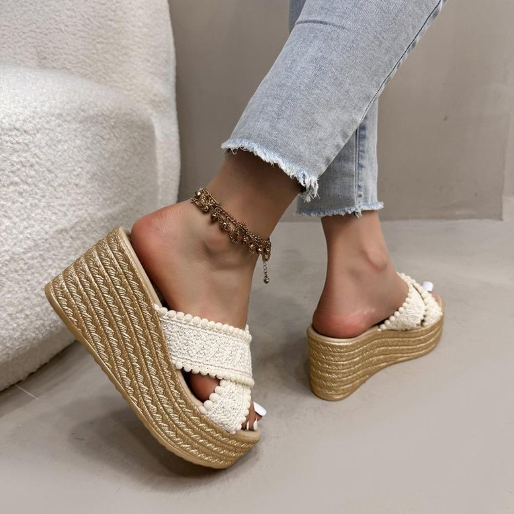 Fashion Women's Thick Sole Chunky Platform Slippers Cross Band Decor Wedges Sandals for Woman Summer Plus Size Comfort Non Slip Slides