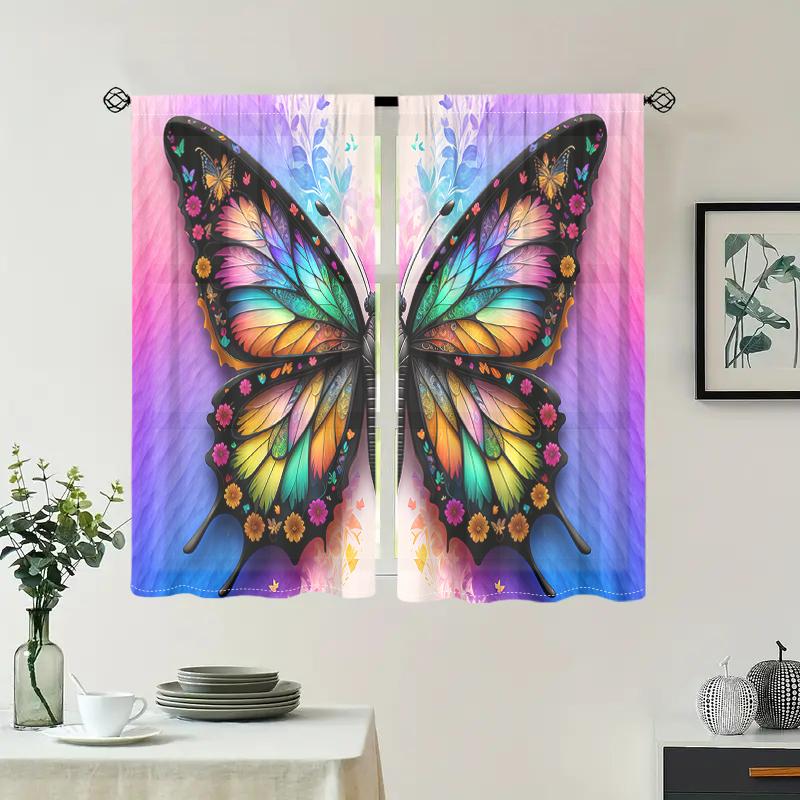2 Pieces, Multi-color Butterfly Printed Curtains - Semi Transparent - Suitable for Living Room, Bedroom, Kitchen, Home Decoratio