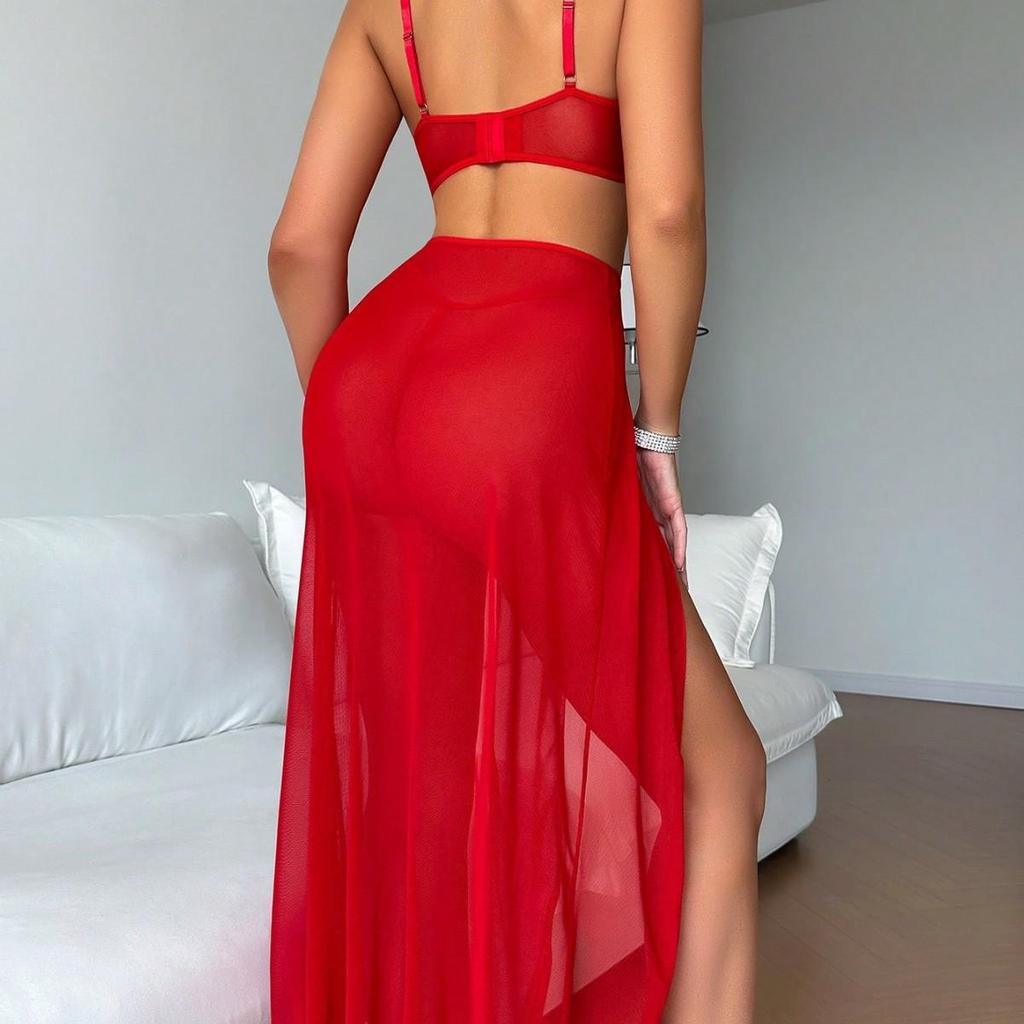 Alluring Red Mesh High-Waisted Lingerie Set