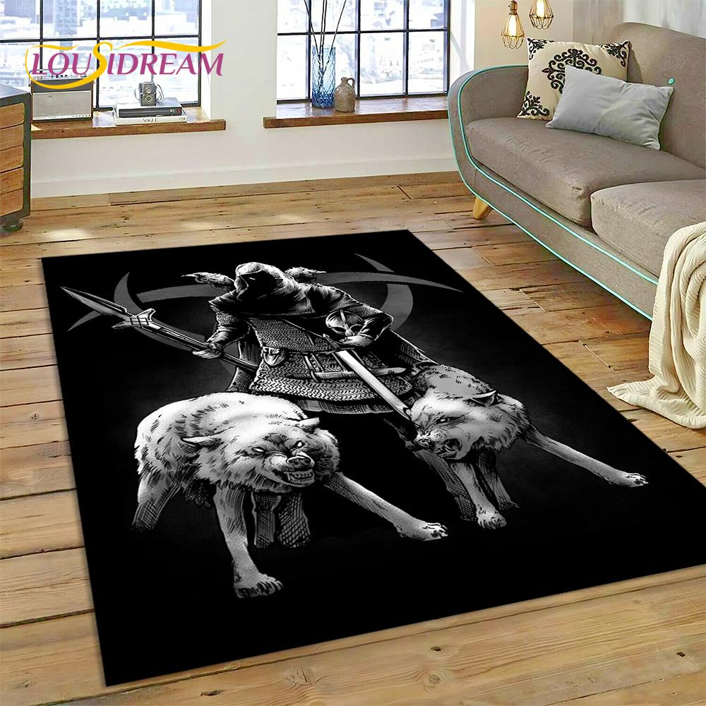 Teppich mit nordischer Mythologie, Valhalla, Wikinger, Odin, Cartoon-Motiv, groß, Teppich für Wohnzimmer, Schlafzimmer, Sofa, Fußmatte, Spielbodenmatte für Kinder