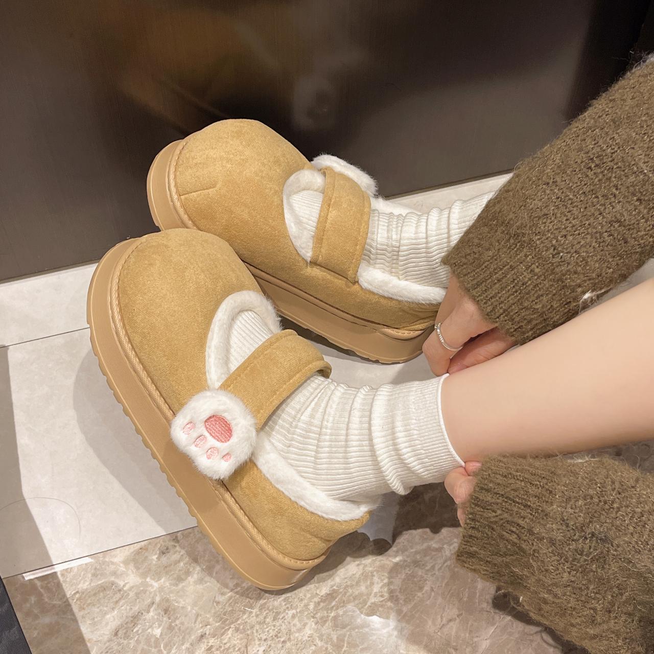 

Fashion Cute Plush Cat Paw Decoration Cotton Slippers Women 2025 Winter Sweet Suede Indoor Slides Warm Thick Bottom Short Plush Shoes 36-37 хаки