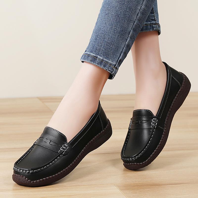 Women Simple Grey Loafers Leather Driving Moccasins Comfort Flats Casual Slip on Plus Size Black Shoes