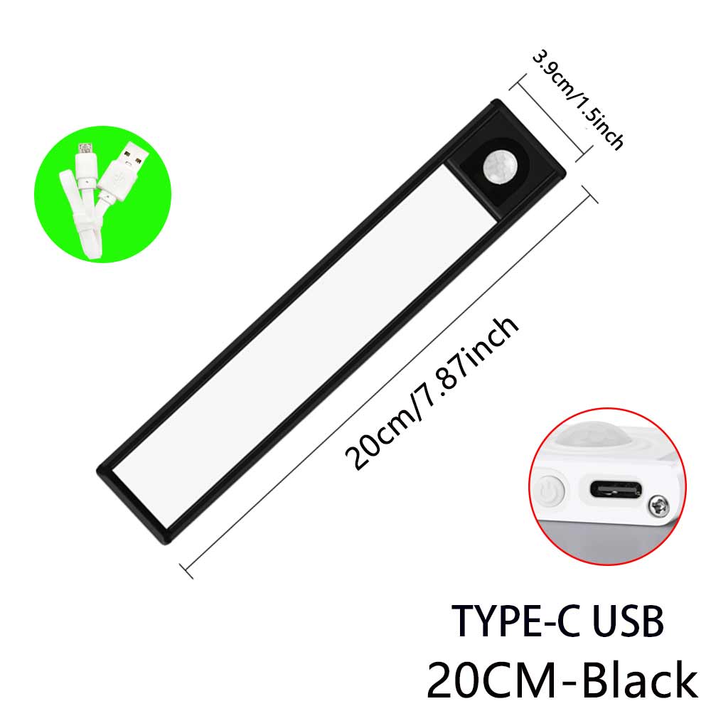 

MZ-L1005 20CM LED Motion Sensor Cabinet Lighting Ultra-Slim Closet Light Strip Rechargeable Lamp Magnetic Kitchen Counter Light Black