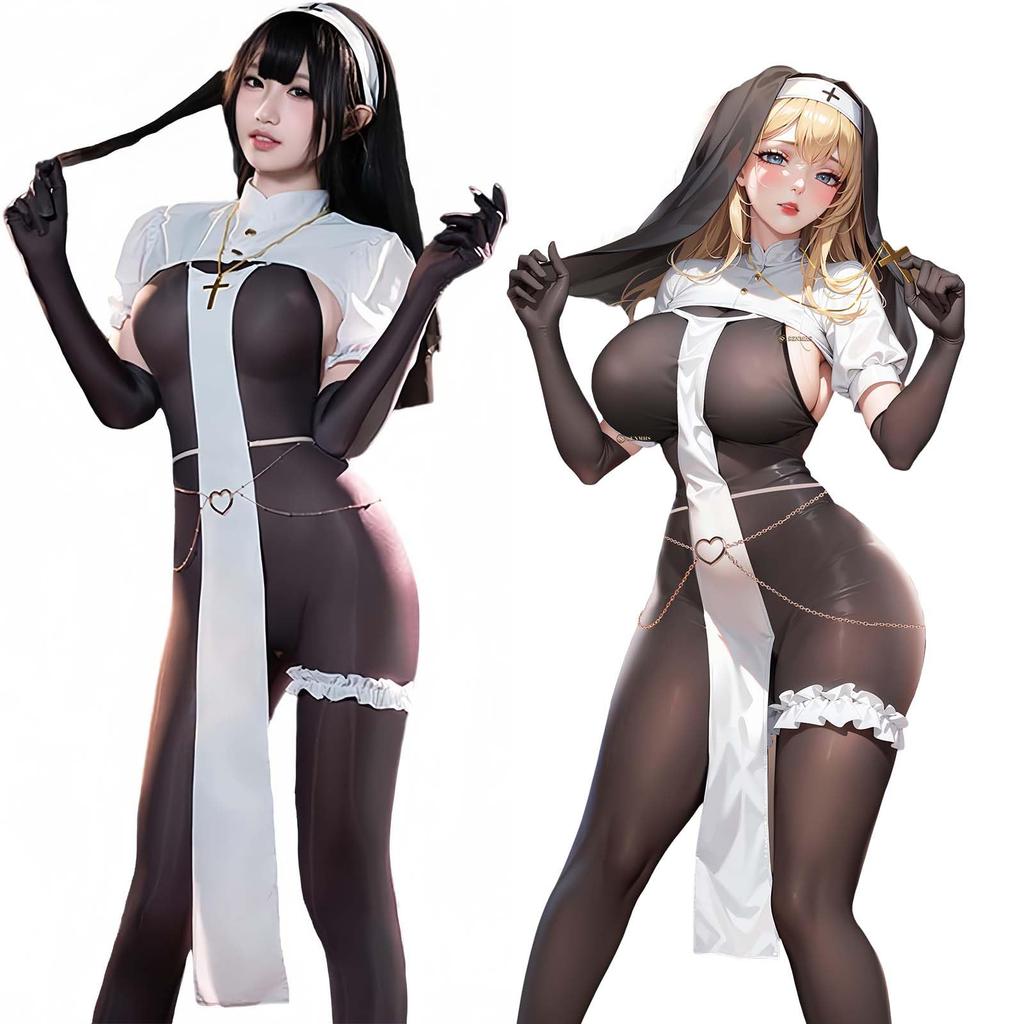 Sister Cosplay Sexy Nun Full Body Tights Cross Costume Lingerie Maid Saint Pastor Missionary Church Choir Cute Halloween One Size Black Ladies All