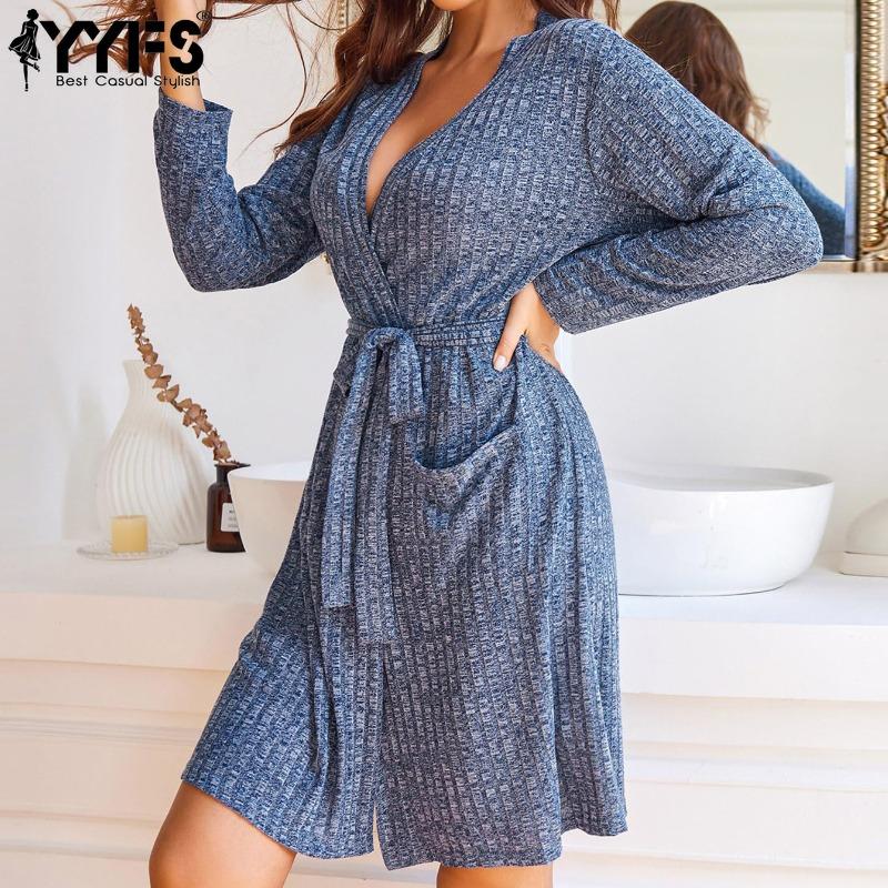 YYFS Dámská móda Jaro Podzim Jednobarevný potisk Neformální šaty s dlouhým rukávem a výstřihem do V s vysokým pasem
