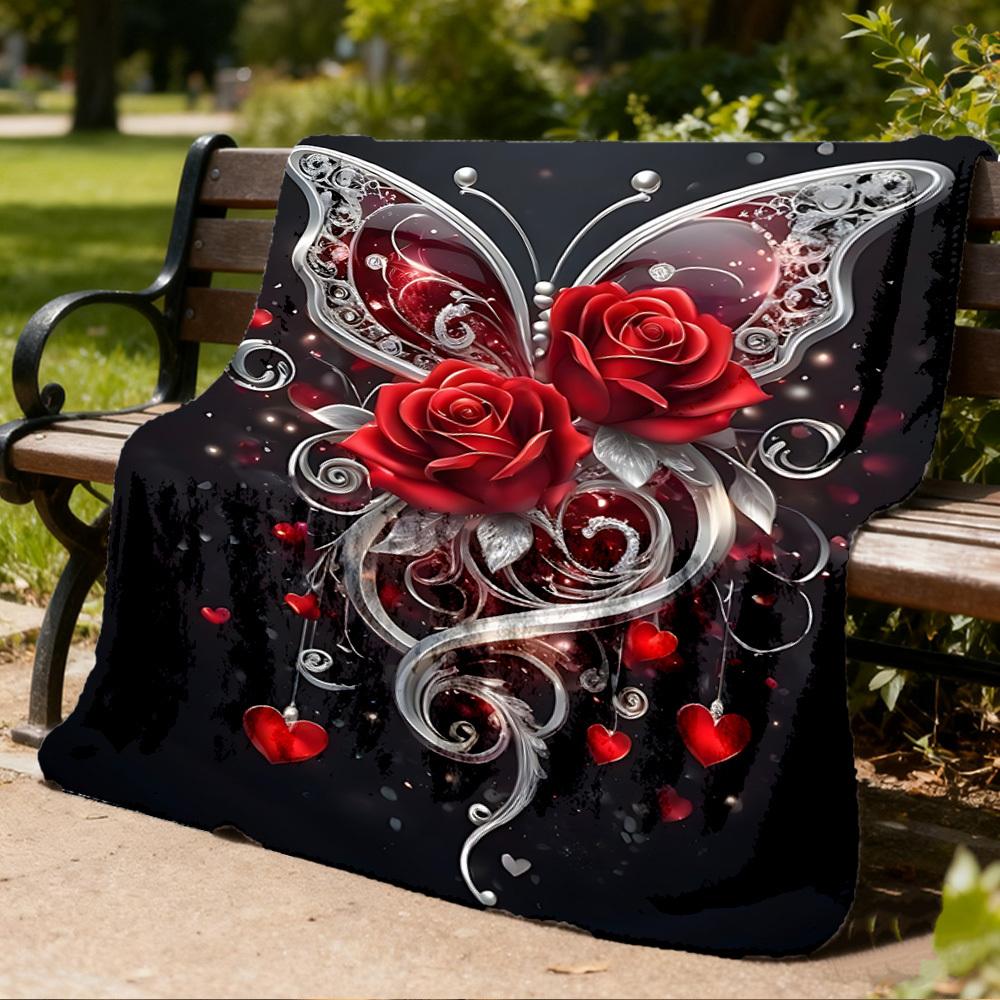 1 Stück Schmetterling Rosen Herz Outdoor Flanelldecke Weiche Ganzjahres Polyesterdecke, Perfekt für Picknicks & Reisen, Picknickzubehör