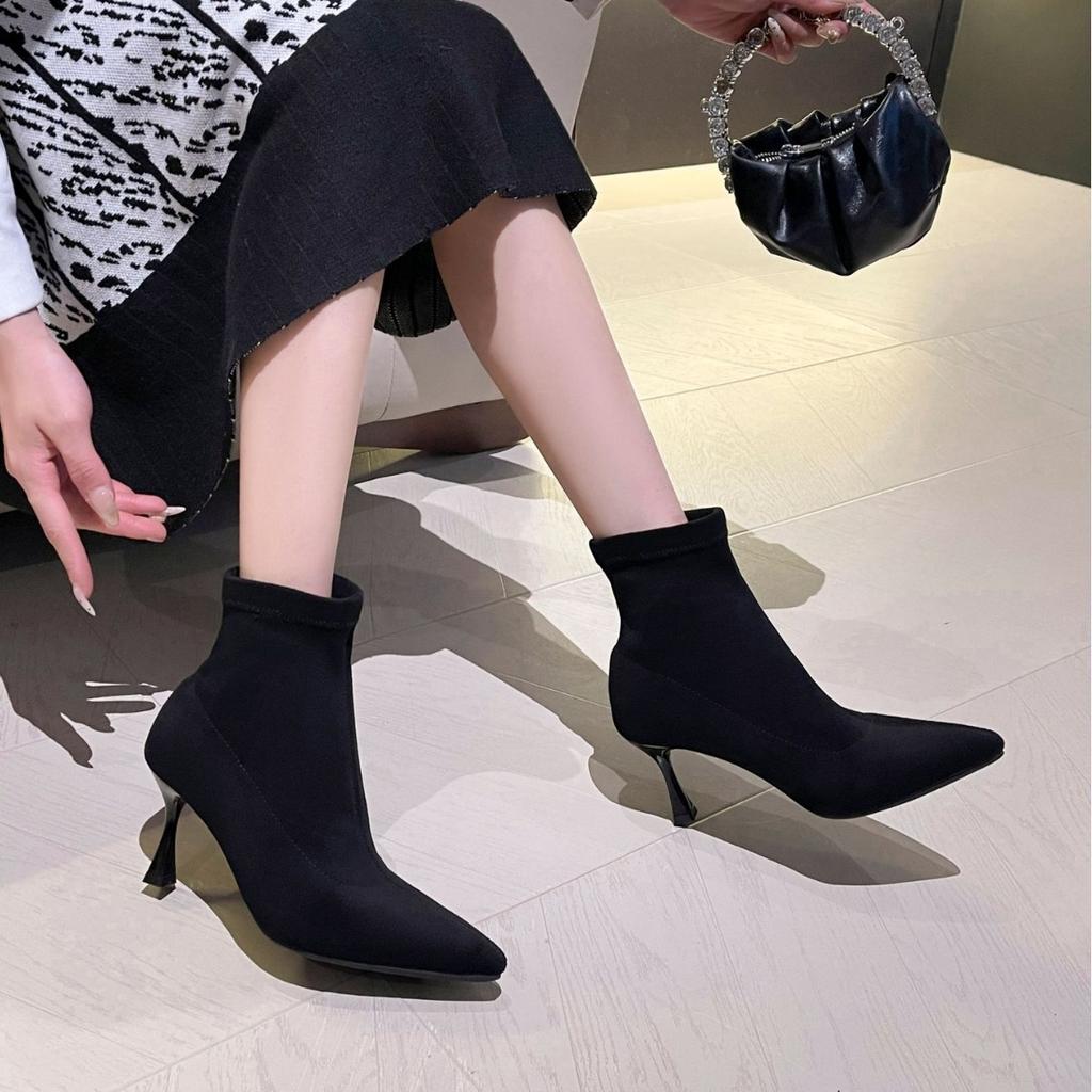 Fashion boots women's 7cm high heels autumn and winter new European and American pointed head thin heel thin boots suede elastic boots socks boots