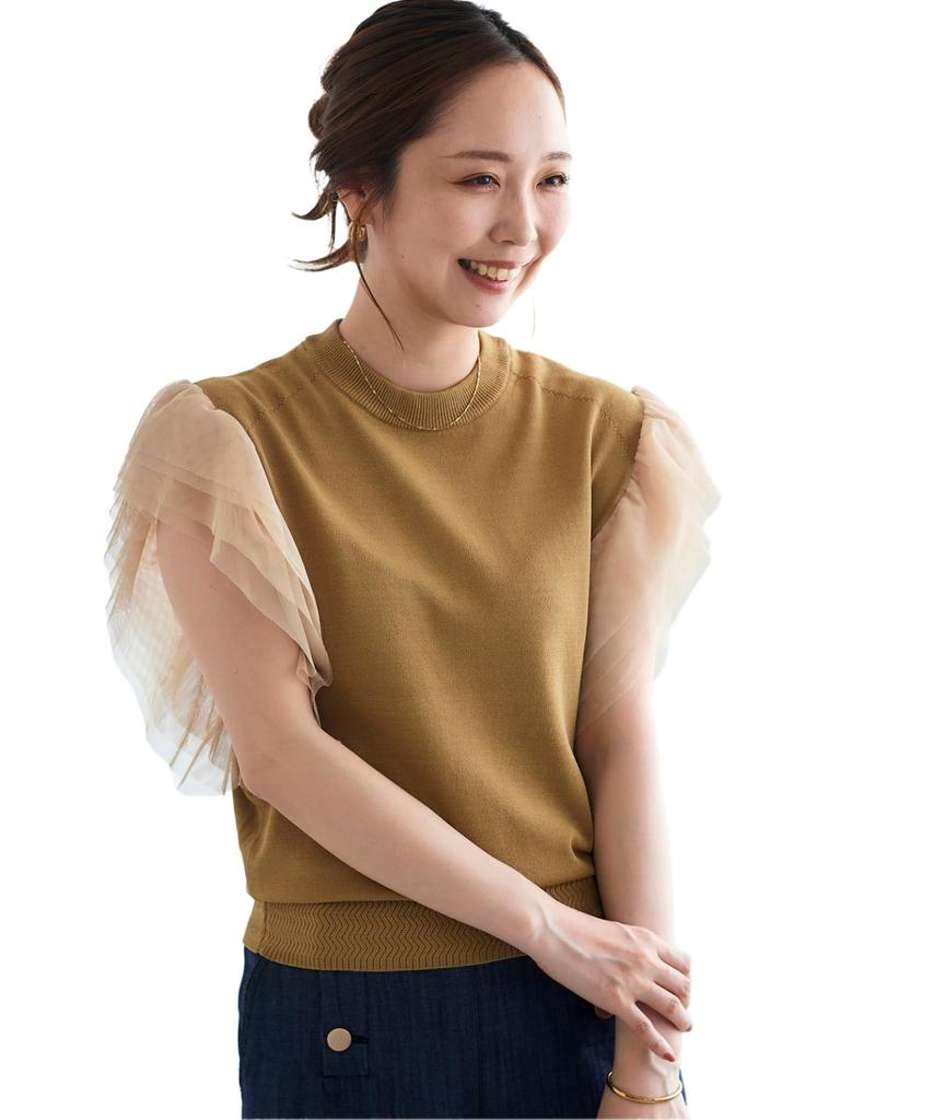 Le Coeur Blanc Tulle Sleeve Knit 3037020803 Size 38 Beige