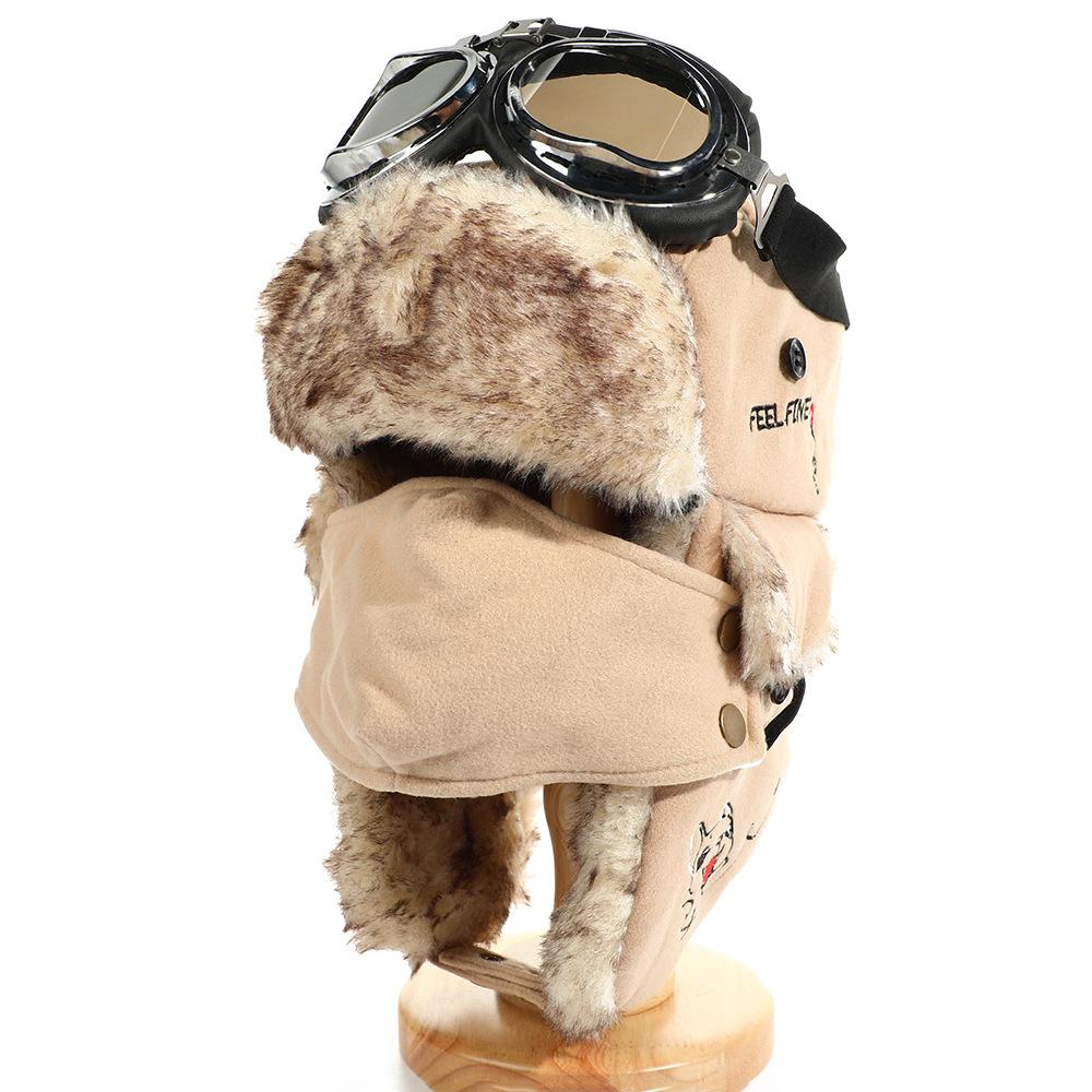 Khaki Faux Fur Lined Aviator Trapper Hat with Detachable Goggles FEEL FINE Embroidery Windproof Ear Flap Winter Warm Pilot Hat for Skiing Snow Outdoor One size fits all