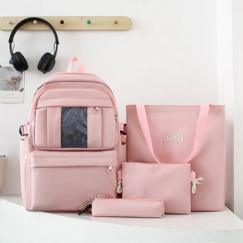 Four-Piece Backpack Set Girls Large Capacity Backpack Solid Color Junior High School Student School Bag