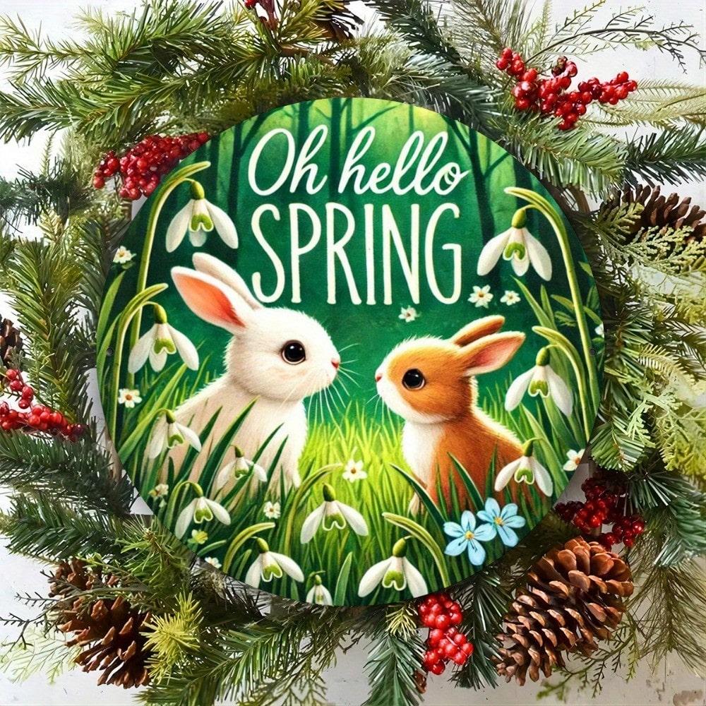 

1pc Oh Hello Spring Bunny Tin Sign 8x8 Inch Round Wall Art Rustic Farmhouse Bar Club Decor Metal Art Painting 20x20 разноцветный