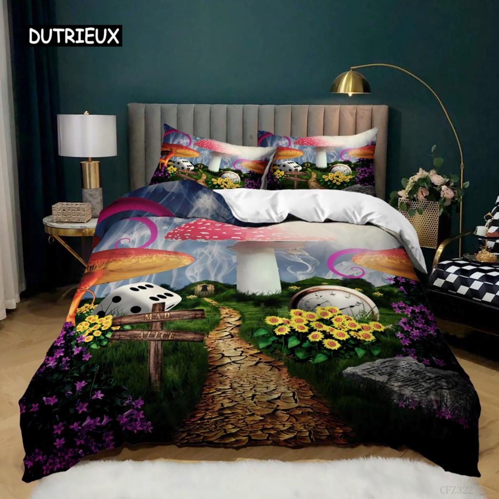 Mushroom Duvet Cover Set Queen Size Microfiber Mushrooms Ornate Doodles with Swirls Eyes Psychedelic Botany Bdding Set For Teens