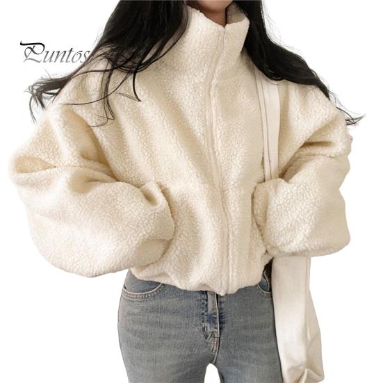 

Женское зимнее пальто из толстого флиса с воротником-стойкой, защитой шеи, застегивающимся на молнию, коротким кардиганом с длинными рукавами, защитой от холода, школьной курткой для активного отдыха M слоновая кость