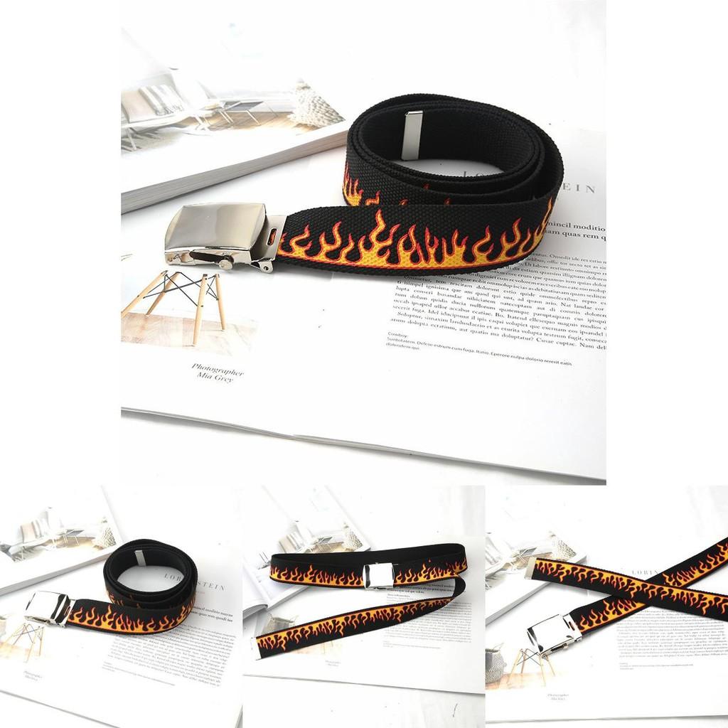 Fashionable Flame Pattern Metal Buckle Decoration Woven Canvas Belt For Men And Women Casual Style