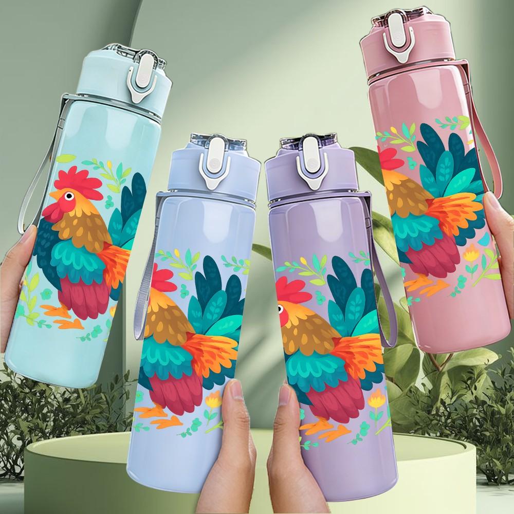 1PC Colorful Rooster Art 750ml Color Plastic Sports Water Bottle Leakproof Flip Straw Lid Suitable for Sports Office Home Use