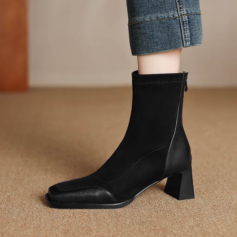 Krazing Pot Flock Autumn Winter Shoes Thick High Heels Big Size 40 Modern Boots Square Toe Keep Warm Zip Ankle Boots
