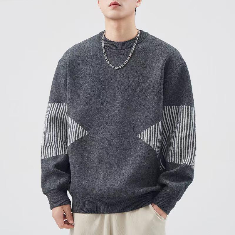 Round Neck Sweater, Men's Loose Fitting Patchwork Striped Knit Sweater, Casual Long Sleeved Pullover Top
