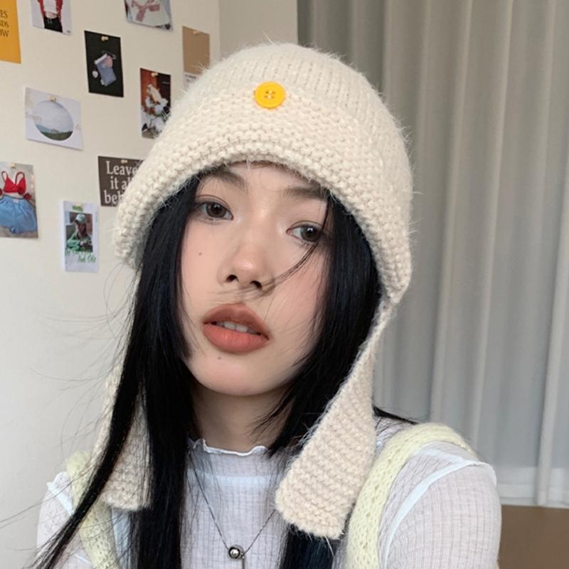 Winter Warm Knit Hat for Women Girl Button EarFlap Beanie Hat Outdoor Activity Scarf Cap Windproof Headwear Pullover Hat
