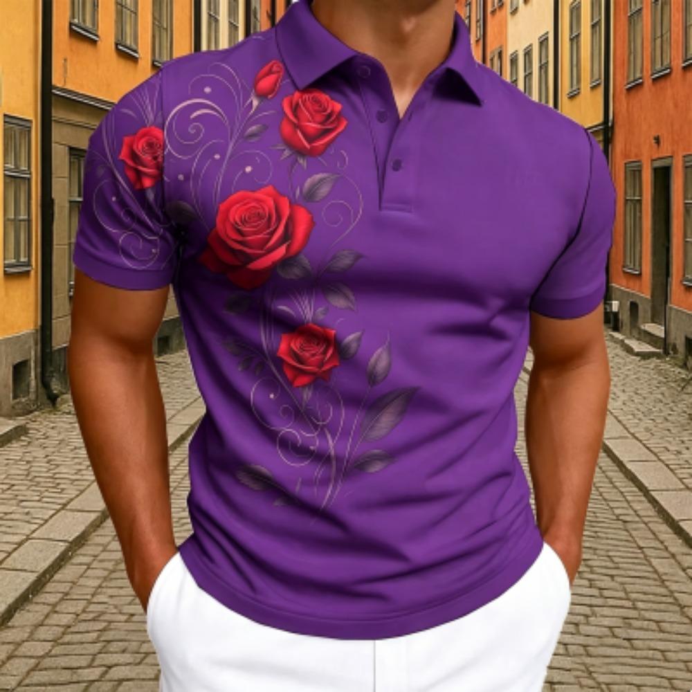 Elegantes Rotes Rosen-Blumenmuster Poloshirt Herren Outdoor Street Kurzarm T-Shirts Oberteil Sommer Zuhause Lässiges T-Shirt Herren und Damen Poloshirt