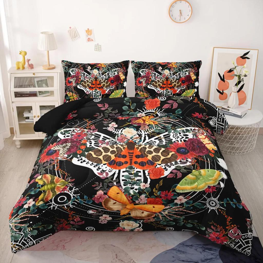 Gold Gothic Moth Duvet Cover Set Plant Pattern Bedding Sets Ultra Soft Lightweight Microfiber Queen King Comforter Cover 2/3 Pcs