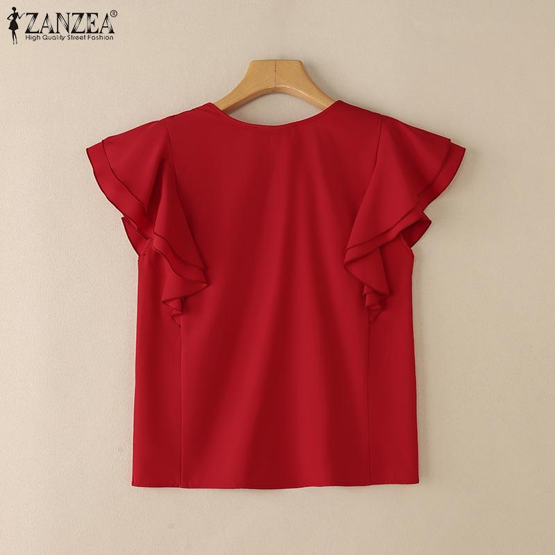 ZANZEA Womens Summer Casual Ruffles Short Sleeve Loose Blouse