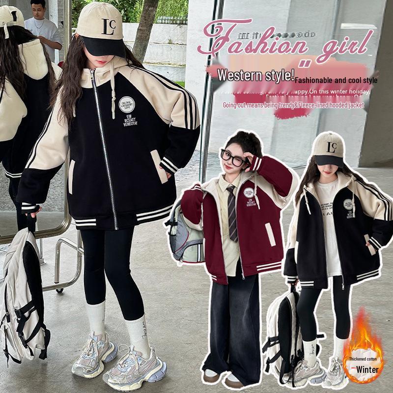 Girls' Winter Casual Coat 2025: Trendy Zip-Up with Round Logo, Thickened for Warmth