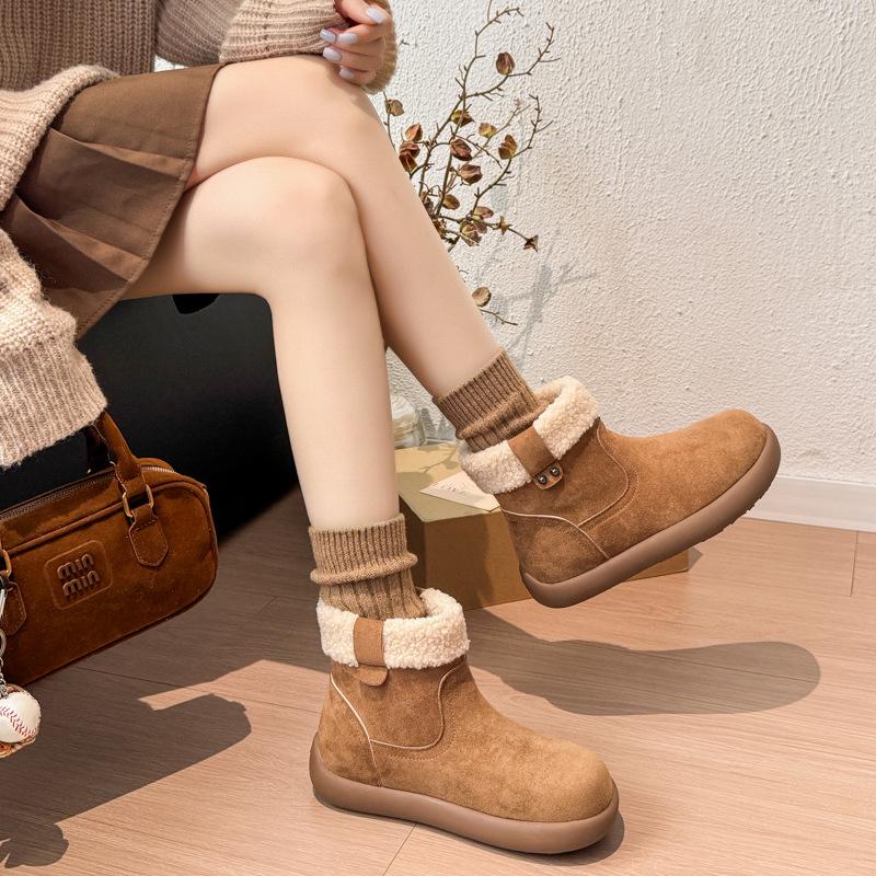 Retro wind velvet short boots warm snow boots women's autumn and winter fashion suede versatile Mori series medium tube flat-bottomed snow boots